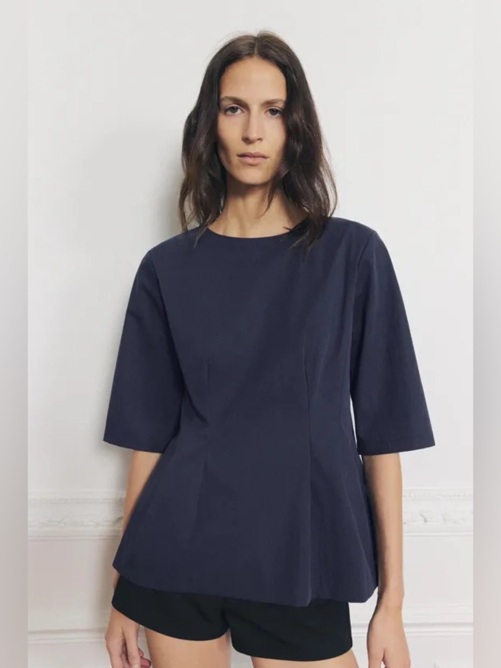 Zara Cotton Blend Navy Short-Sleeve Peplum Top